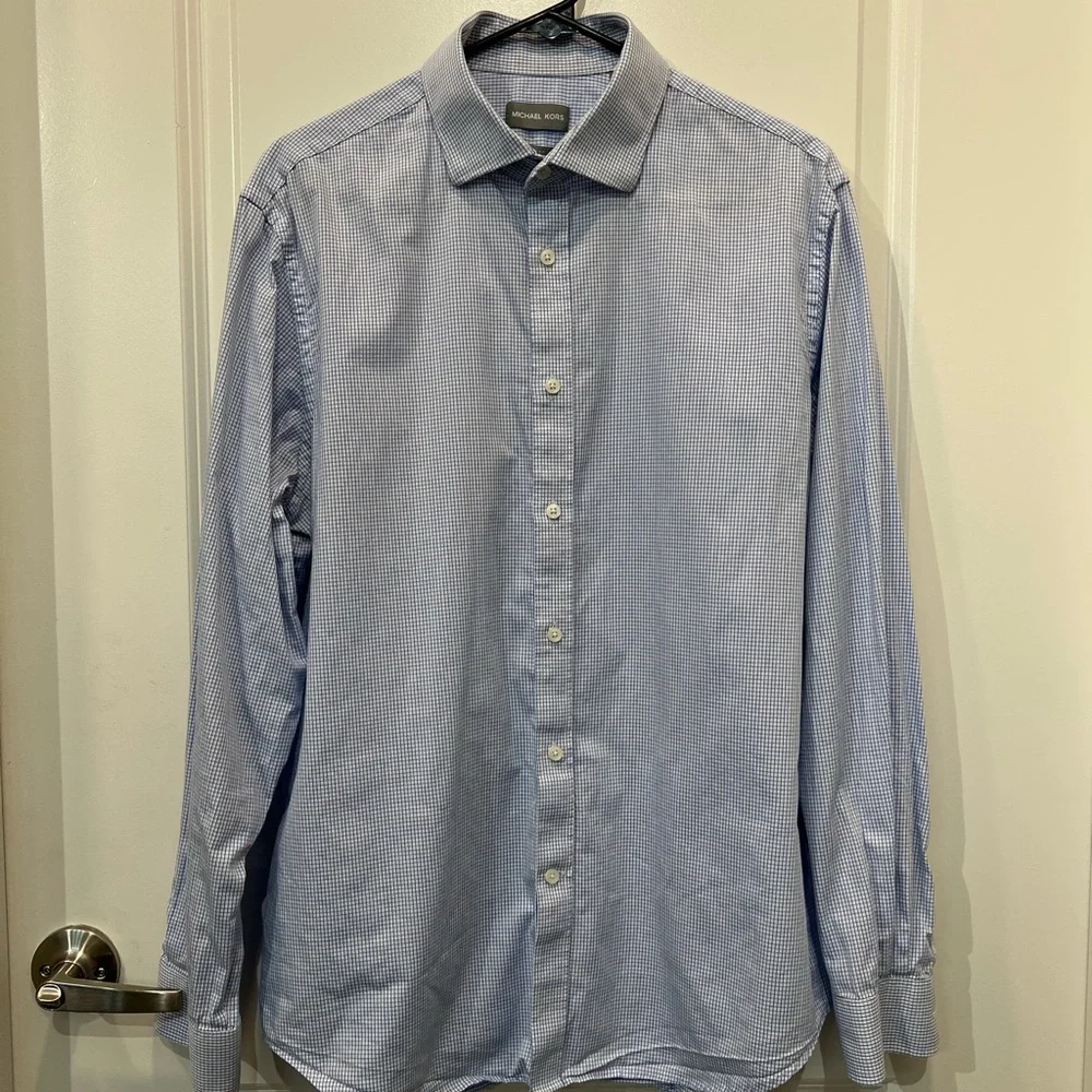 Michael Kors Slim Fit Dress Shirt, Tight Blue Check Pattern, 17-34/35 - Picture 7 of 9